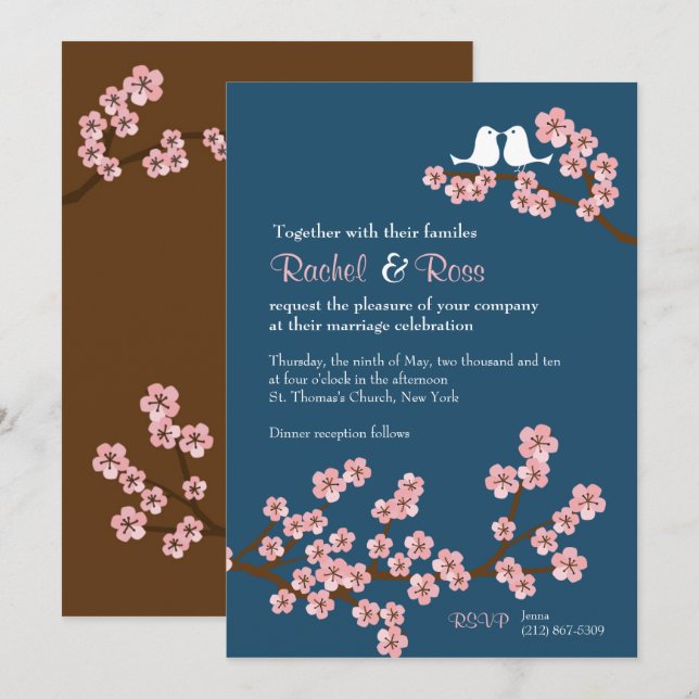 Invitación Boda Primaria con flores de cerezo azul y rosa de  (Anverso / Reverso)