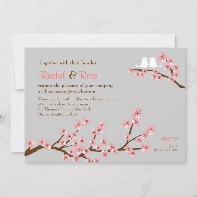 Invitación Boda Primaria con flores de cerezo rosa y gris (Anverso)