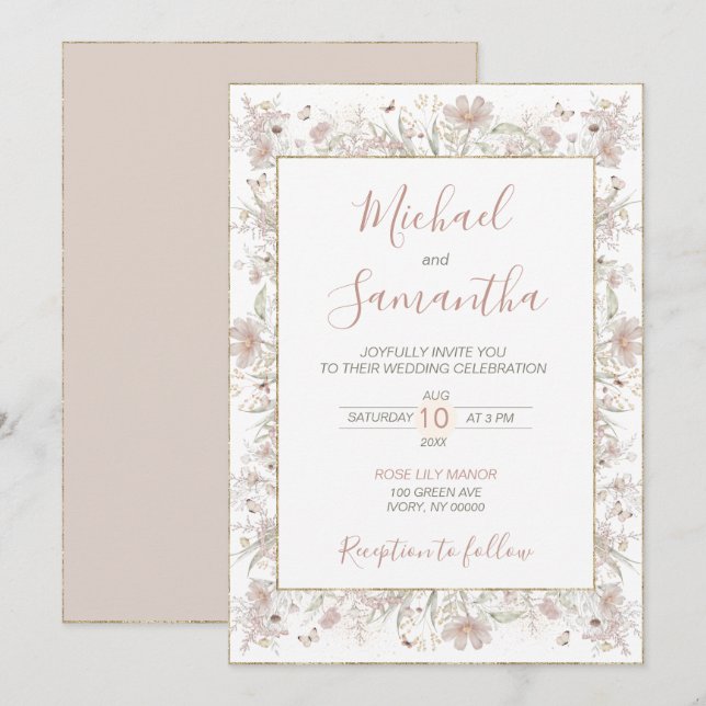 Invitación Boda Primaria de Flor Silvestre Rubor y Sage (Anverso / Reverso)