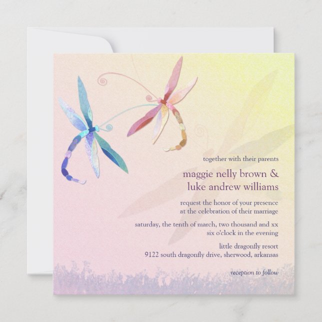 Invitación Boda Primaria de la Pareja de Dragonfly colorida (Anverso)