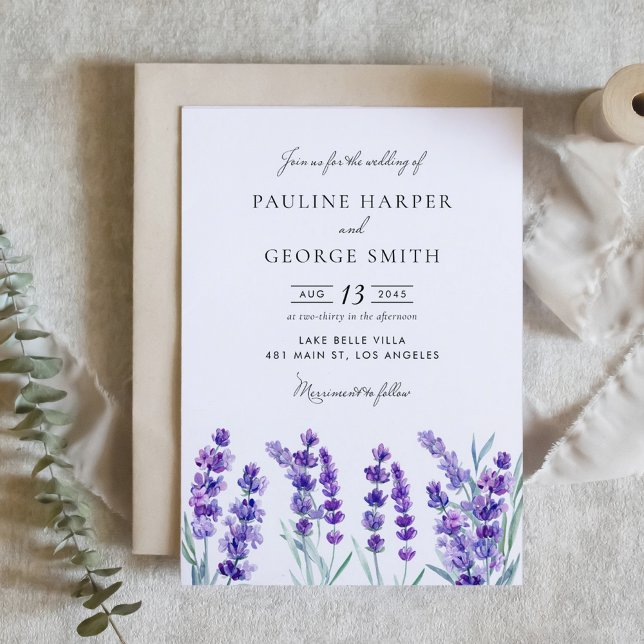 Invitación Boda Primaria de las Flores de Lavanda Acuarela (Watercolor Lavender Flowers Spring Wedding Invitation)