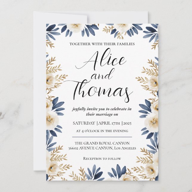 Invitación Boda Primavera Elegante Floral BlueGold