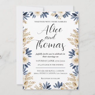 Invitación Boda Primavera Elegante Floral BlueGold
