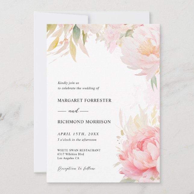 Invitación Boda Primavera Floral Verde de Peony Rosa de Rubor (Anverso)