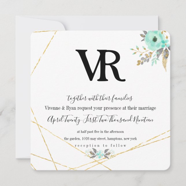 Invitación Boda Primavera verde azulada y de Oro (Anverso)