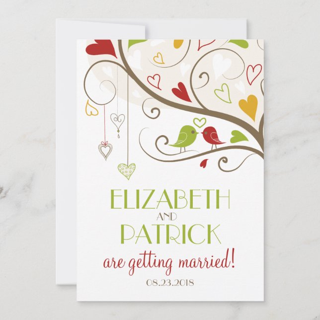 Invitación Boda Primavera Verde y Cute Rojo Aves (Reverso)