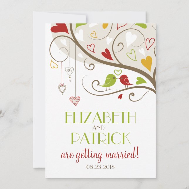 Invitación Boda Primavera Verde y Cute Rojo Aves (Reverso)