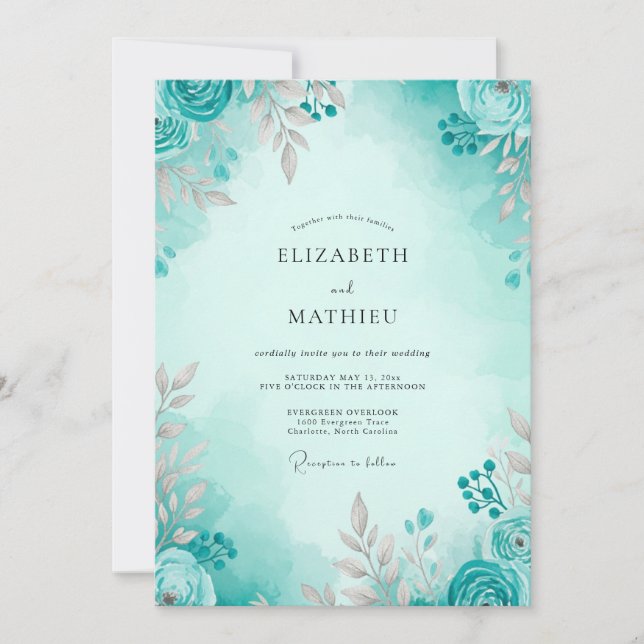 Invitación Boda primaveral aérea de color turquesa (Anverso)