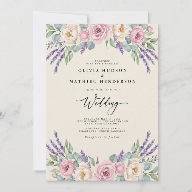 Invitación Boda primaveral aireada con lavanda (Anverso)