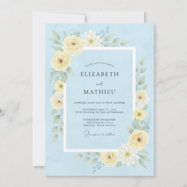 Invitación Boda primaveral aireada de azul aciano (Anverso)