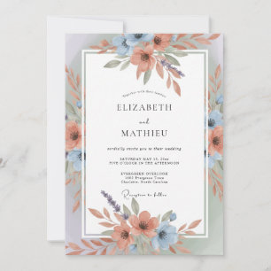 Invitación Boda primaveral azul coral y ventosa