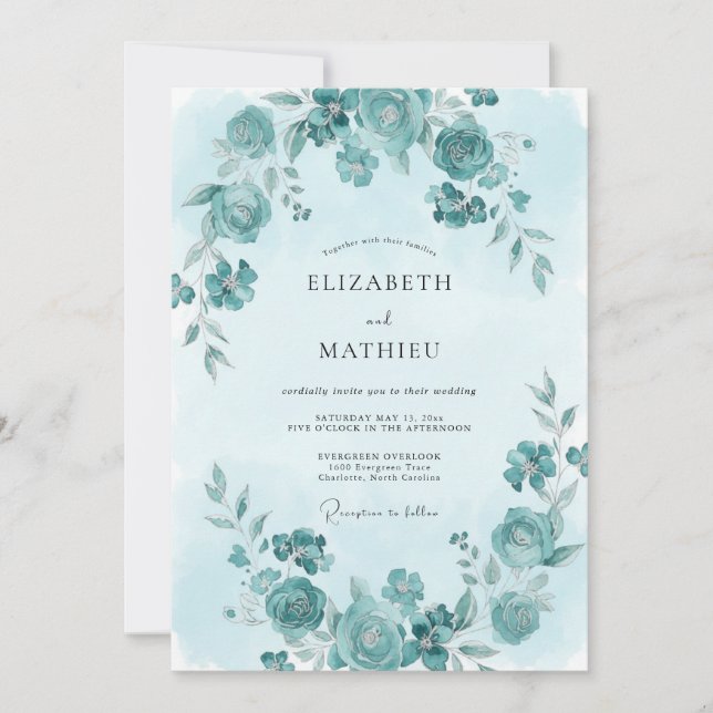 Invitación Boda primaveral cian prístina (Anverso)