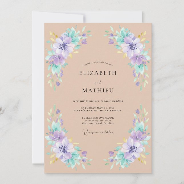 Invitación Boda Primaveral de Flor de Seda Púrpura Suave (Anverso)