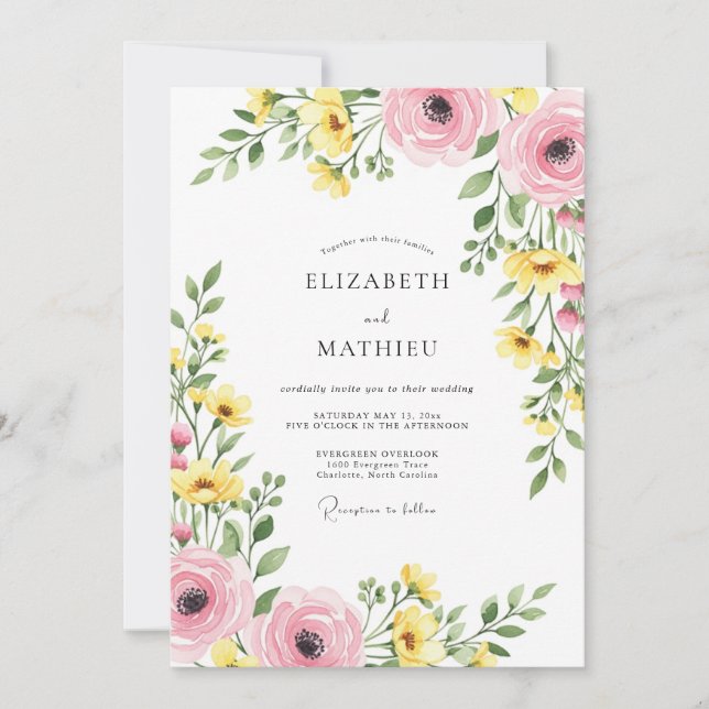 Invitación Boda primaveral dichosa de rosa y amarillo (Anverso)