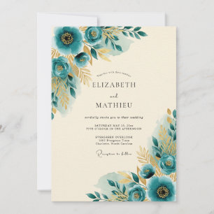 Invitación Boda primaveral dorada turquesa