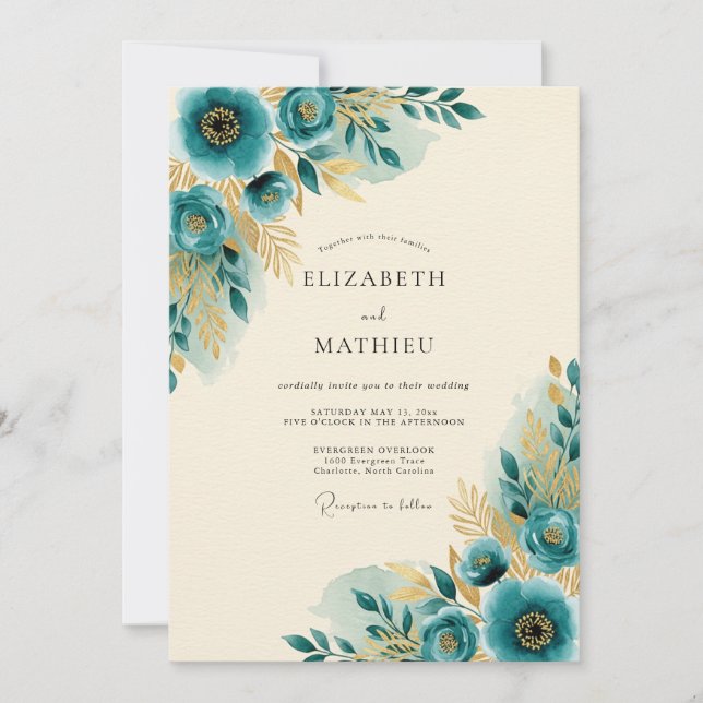 Invitación Boda primaveral dorada turquesa (Anverso)