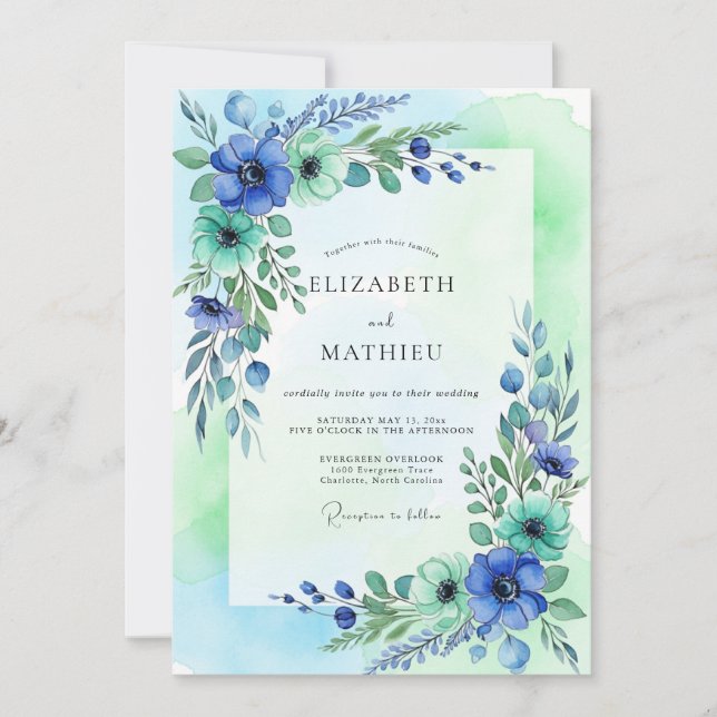 Invitación Boda primaveral etérea con menta azulada (Anverso)