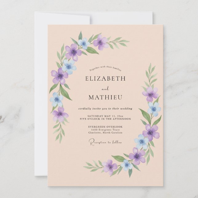Invitación Boda primaveral etérea de lavanda y melocotón (Anverso)