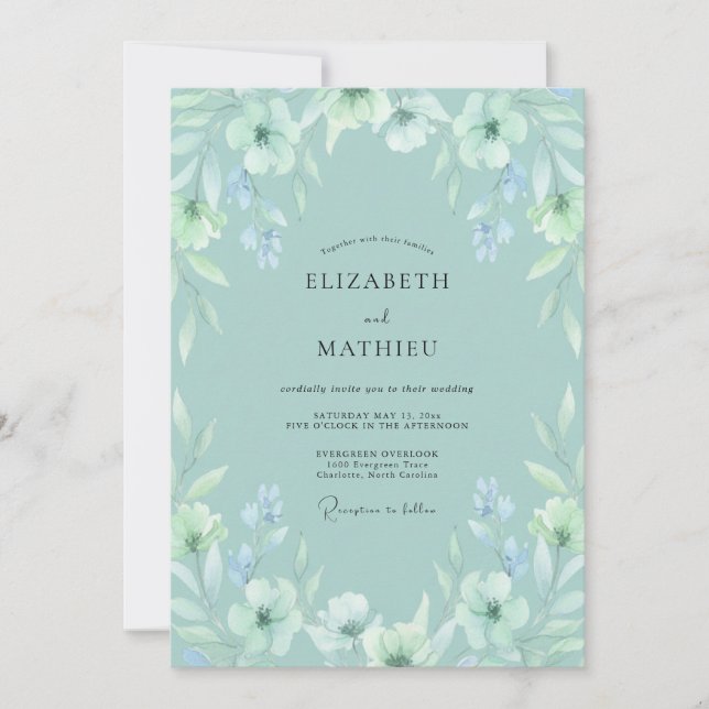 Invitación Boda primaveral etérea en verde espuma de mar (Anverso)