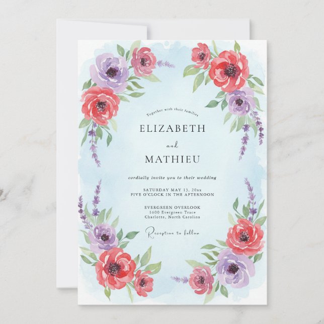 Invitación Boda primaveral ilustrativa de azul pálido (Anverso)