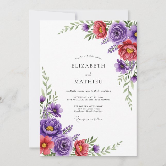 Invitación Boda primaveral morada vívida (Anverso)