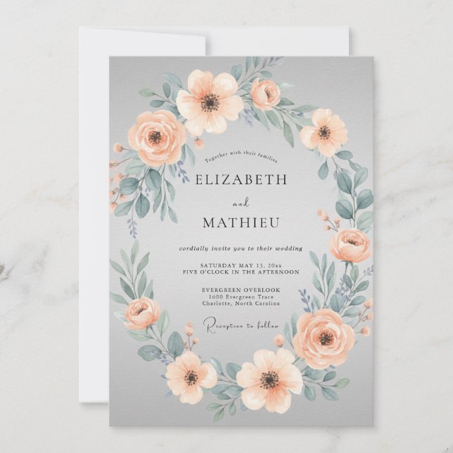 Invitación Boda primaveral pacífica en gris paloma (Anverso)