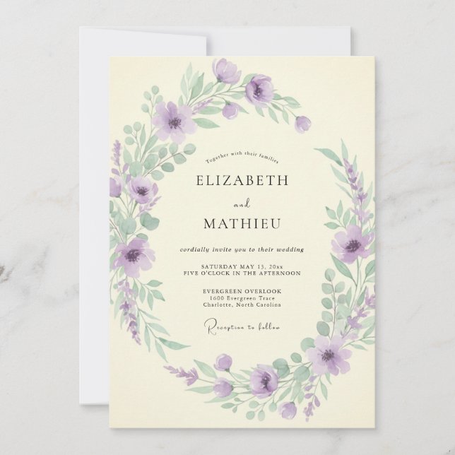 Invitación Boda primaveral pintada con lavanda (Anverso)
