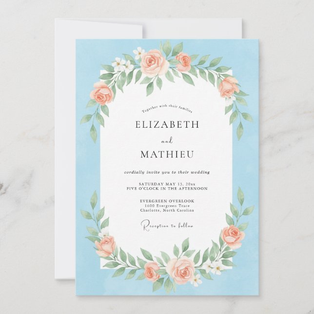 Invitación Boda primaveral pintoresca de azul claro (Anverso)