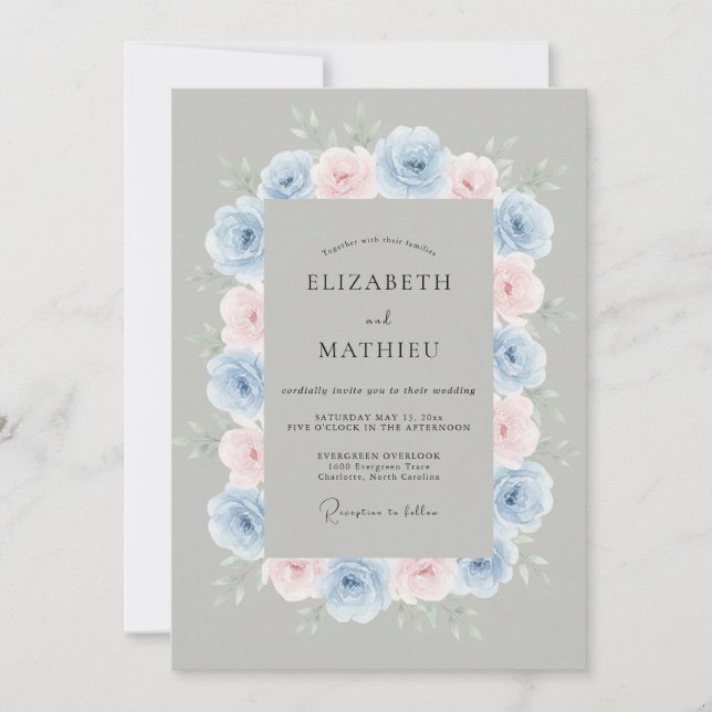 Invitación Boda primaveral pintoresca de azul y rosa (Anverso)