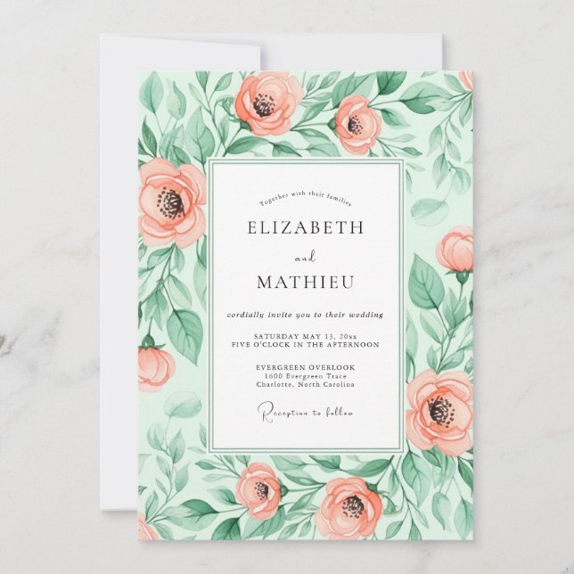 Invitación Boda primaveral pintoresca de color verde menta (Anverso)