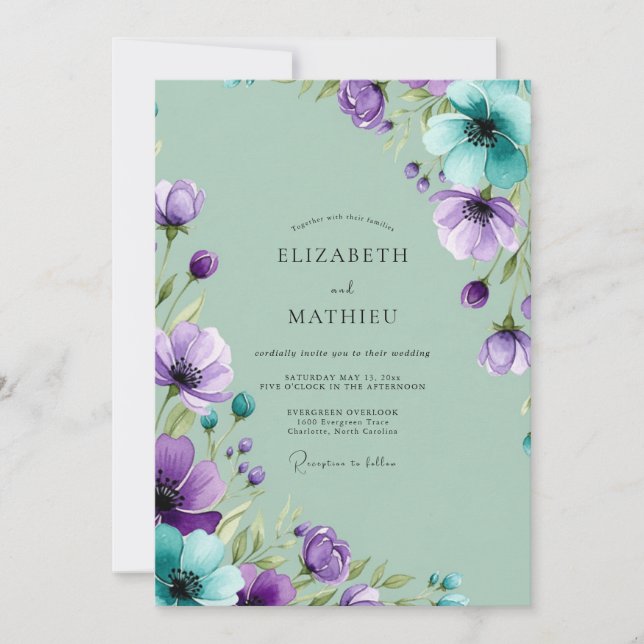 Invitación Boda primaveral pintoresca de menta púrpura (Anverso)