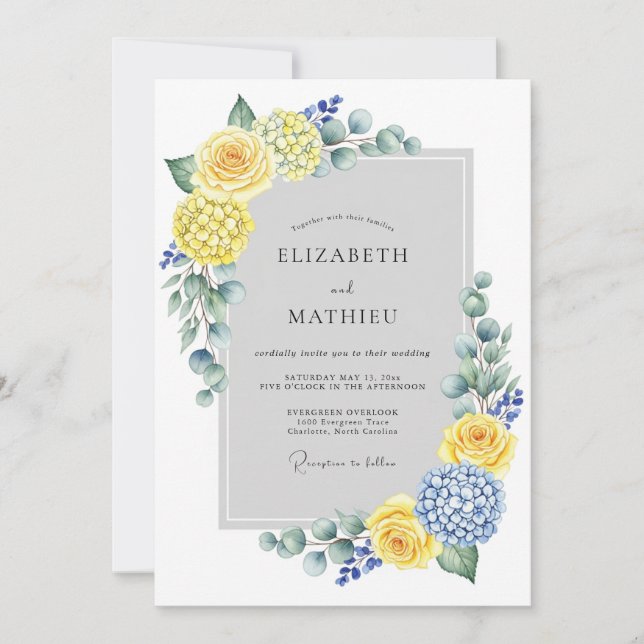 Invitación Boda primaveral refrescante de azul y amarillo (Anverso)