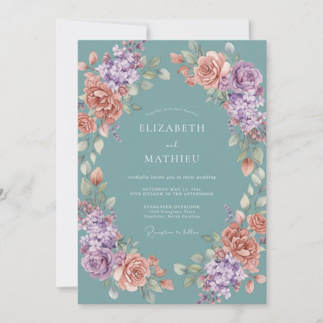 Invitación Boda primaveral verde azulado (Anverso)