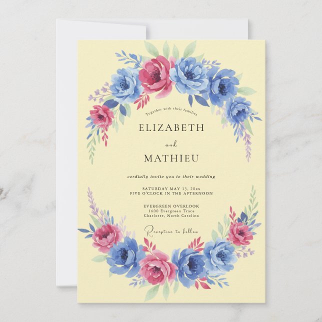 Invitación Boda primaveral vivaz de azul aciano (Anverso)