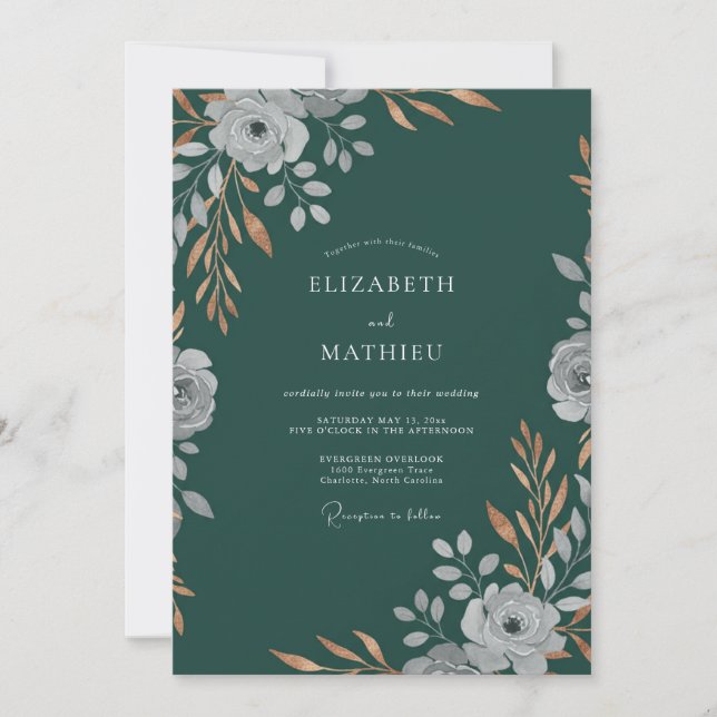Invitación Boda Profunda de Petrolio con Hojas (Anverso)