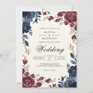 Invitación Boda Profundo Azul Borgoña Floral Flourier