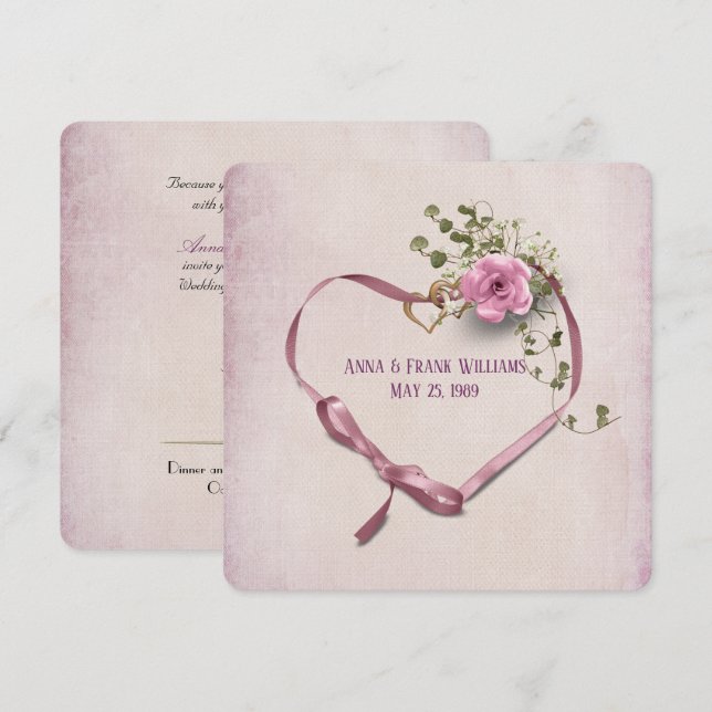 Invitación boda promesa renovación de la cinta rosada corazón (Anverso / Reverso)