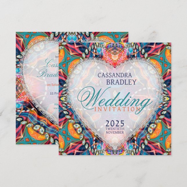 Invitación Boda psicodélico de Glam Crystal Heart (Anverso / Reverso)