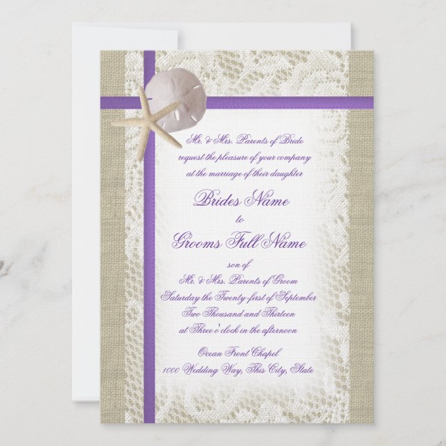 Invitación Boda Purple Beach Burlap y Vintage Lace (Anverso)