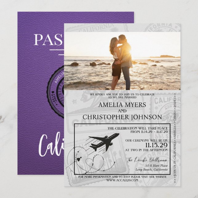Invitación Boda Purple California Passport (Anverso / Reverso)