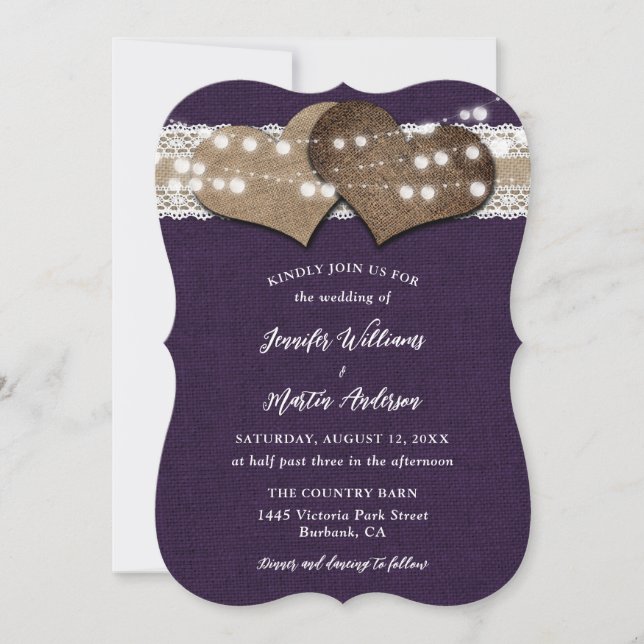 Invitación Boda Purple Country Burlap Lace String Lights (Anverso)