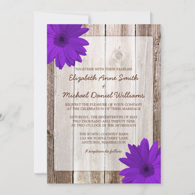 Invitación Boda Purple Daisy Rusn Barn Wood (Anverso)