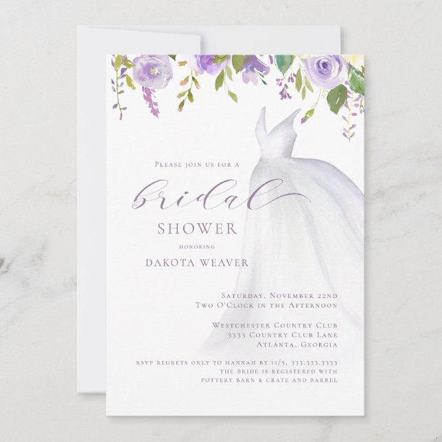 Invitación Boda Purple Floral Vestido Bridal Shower (Anverso)