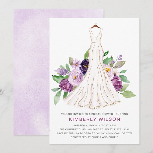 Invitación Boda Purple Floral Vestido Bridal Shower (Anverso / Reverso)