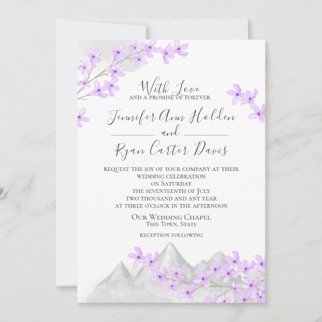 Invitación Boda Purple Lilac Mountain (Anverso)