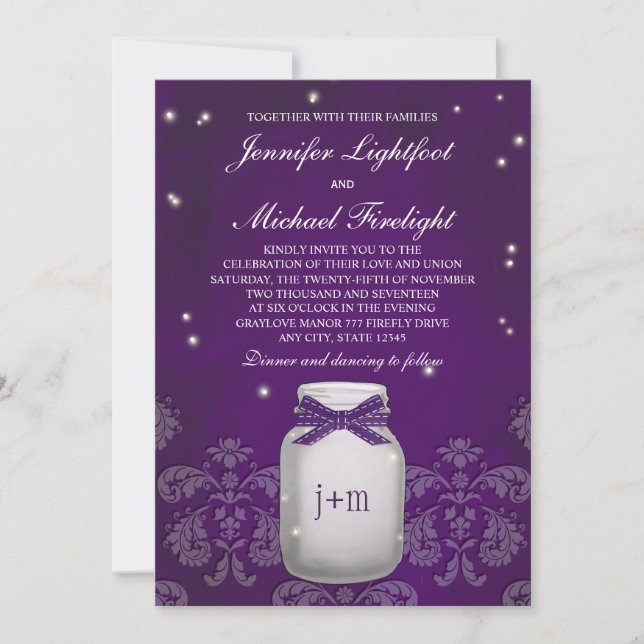 Invitación Boda Purple Mason Jar con luciérnagas (Anverso)