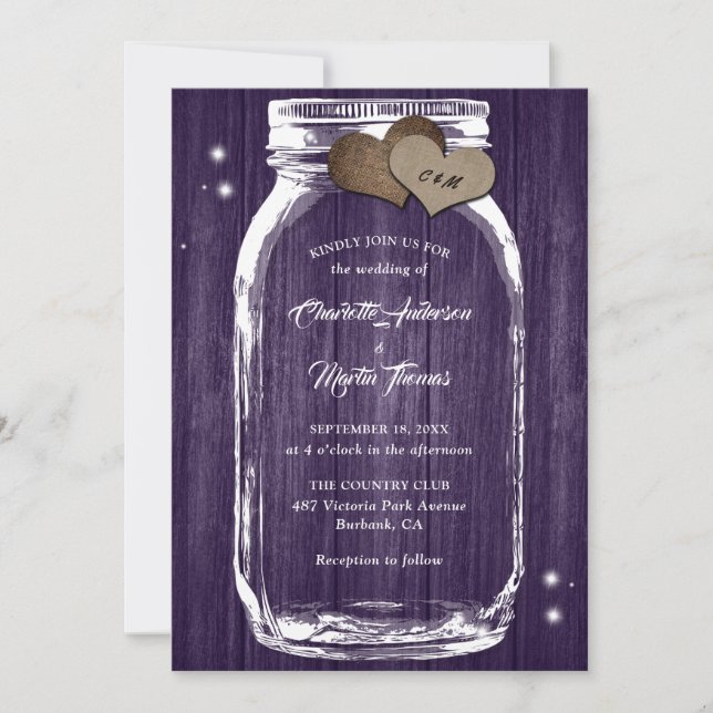 Invitación Boda Purple Mason Jar Hearts Barn Wood (Anverso)