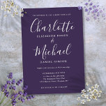 Invitación Boda Purple Minimalista Elegant Script<br><div class="desc">Con nombres de estilo característico,  esta elegante invitación a la boda puede ser personalizada con su información en letras blancas de moda sobre un fondo morado. Puede personalizar del color de fondo para que coincida con el tema boda. Diseñado por Thisisnotme©</div>