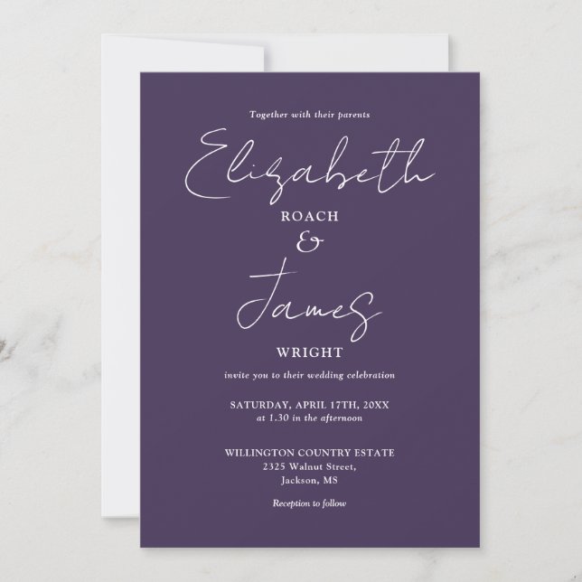 Invitación Boda Purple Modern Minimalista elegante de guiones (Anverso)