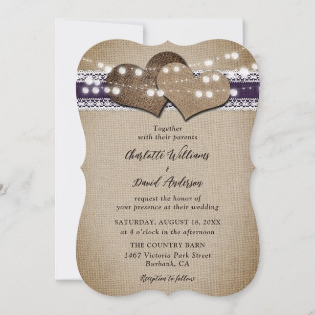 Invitación Boda Purple Rustic Country Burlap Lace (Anverso)